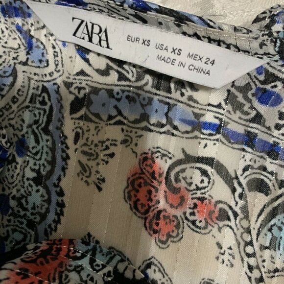 zara womens blue red white long sleeve V Neck midi paisley bohemian dress xs - Picture 5 of 6